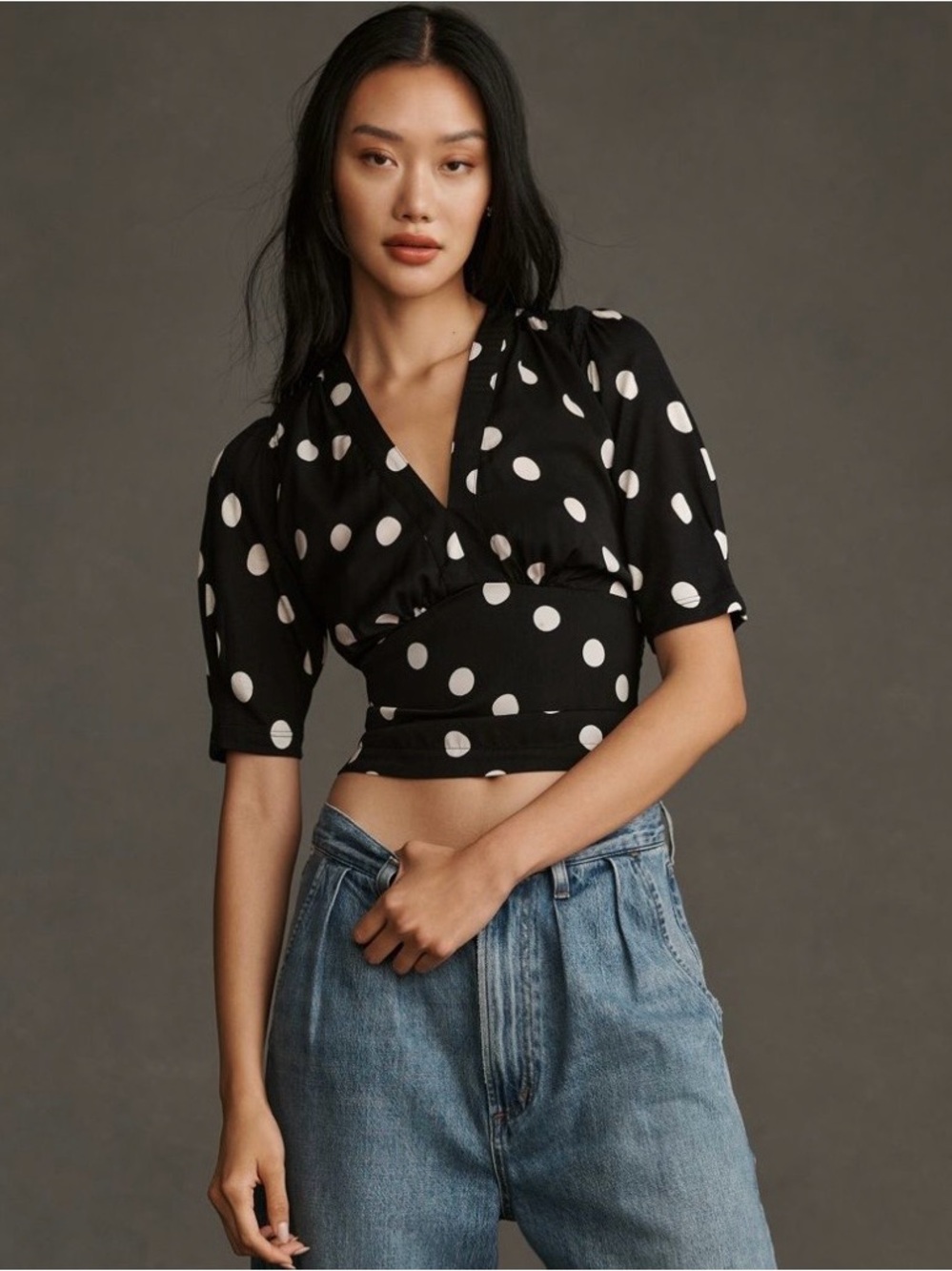 Anthropologie Tiny Black & White Polka Dot Smocked Back Blouse Retro Chic XS